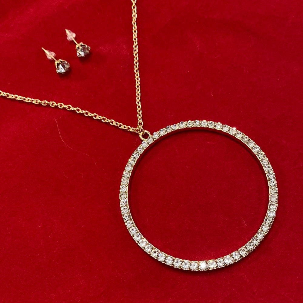 Circle Of Life Necklace Earrings Set Gold Tone Clear Sparkling Rhinestone